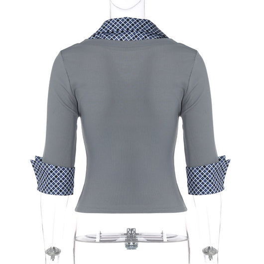 Blusa Cuello Alto Manga Larga con Estampado Patchwork Cuadros - Image 26