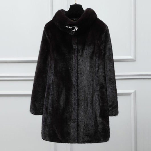 Abrigo de Visón para Mujer Cuello Solapa Largo Casual Ajustado - Image 5