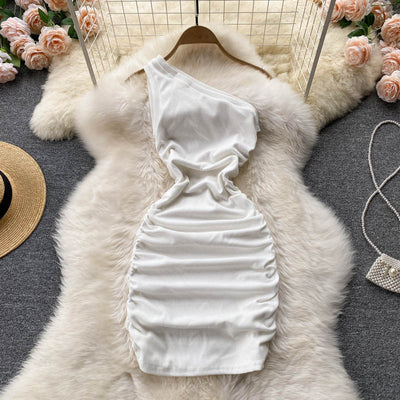 Vestido Tubo Plisado con Hombro Inclinado - Diseño Elegante en Colores Sólidos - Image 10