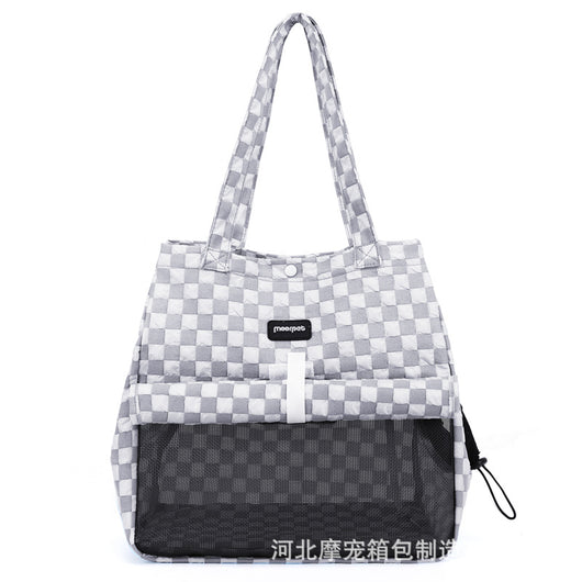 Blue and gray checkered soft pet carrier bag with mesh window and side opening for small cats or dogs. - Image 8
