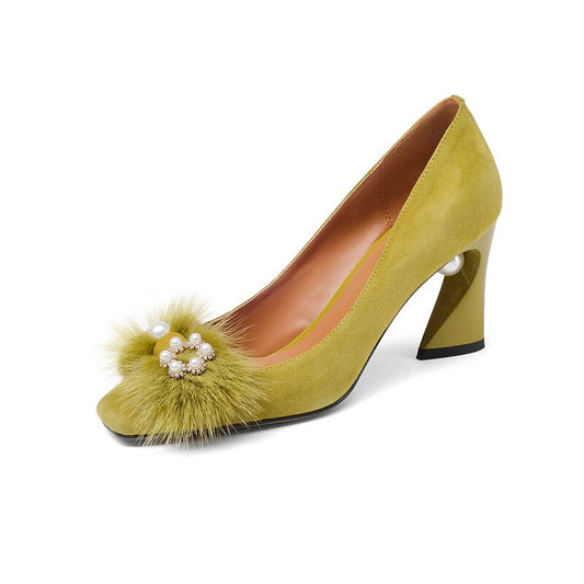 Zapatos de Cuero para Mujer con Tacón Grueso y Detalles de Perlas y Strass