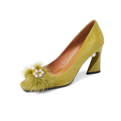 Zapatos de Cuero para Mujer con Tacón Grueso y Detalles de Perlas y Strass