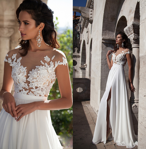 Vestido de Novia Bohemio con Apliques de Encaje, Largo Piso en Gasa Elegante
