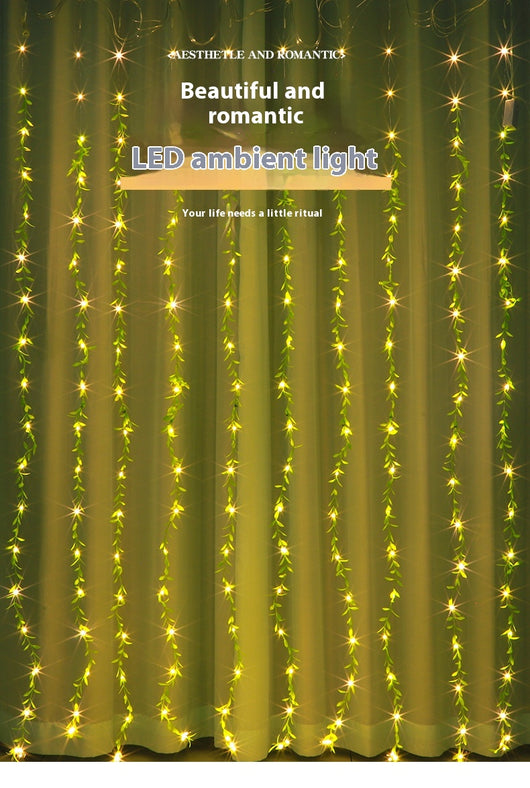 Cortina de Luz LED con Alambre de Cobre y Hojas Verdes - Image 8