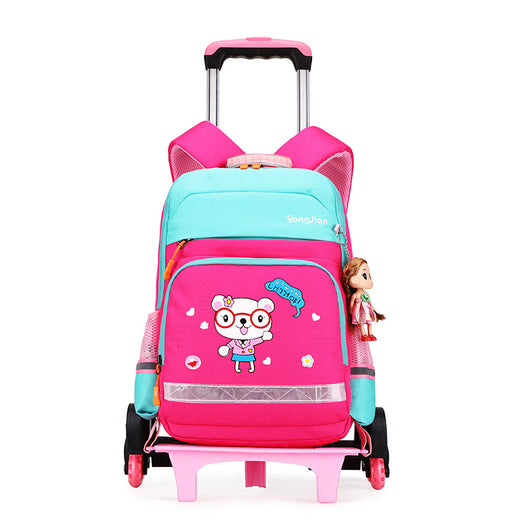 Pink and black detachable trolley backpack for elementary school students with a cartoon bear graphic and doll charm. - Image 7