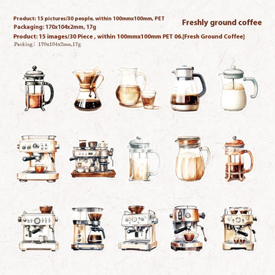 Sheet of 15 watercolor coffee shop stickers, featuring various cafe exteriors and interiors in a Nordic style. - Image 11