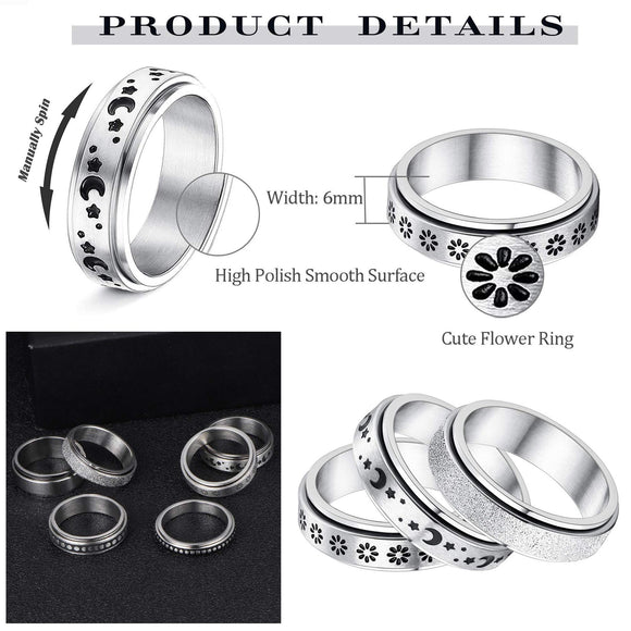 Anillo Giratorio de Acero Inoxidable con Luna y Estrellas para Aliviar Ansiedad