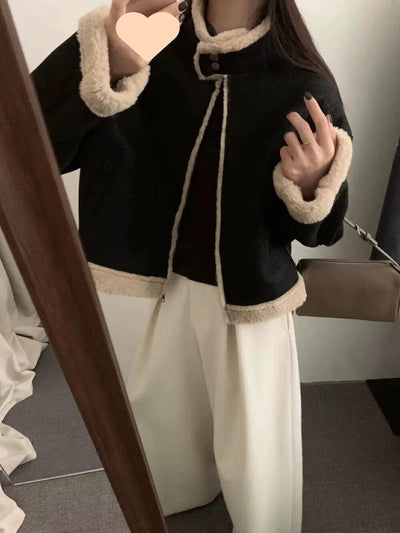 Abrigo Corto Retro con Cuello de Pie para Mujer - Lana de Cordero Invierno - Image 12