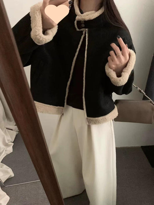 Abrigo Corto Retro con Cuello de Pie para Mujer - Lana de Cordero Invierno - Image 12