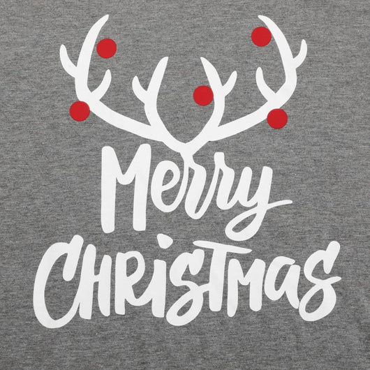 Family Christmas pajama set with grey long-sleeve tops featuring "Merry Christmas" and reindeer antlers, paired with red and black buffalo plaid pants. - Image 3