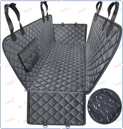 Black quilted pet car seat cover with adjustable straps and side flaps, shown with water droplets on the fabric. - Image 7