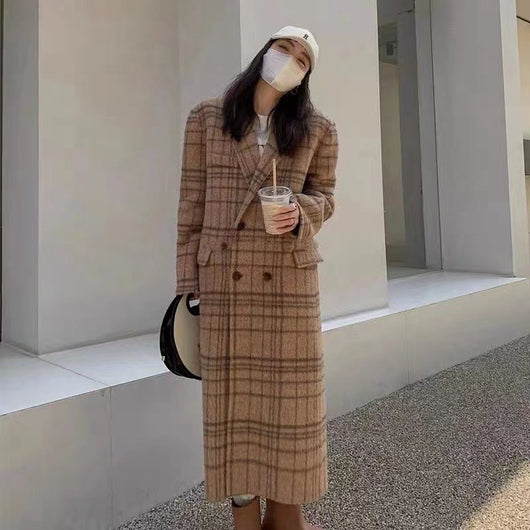 Abrigo de Lana Cuadros Reversible para Mujer Largo hasta la Rodilla Otoño Invierno