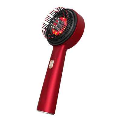 Black electric massage comb with red light therapy, black bristles, and a purple power button on a white background. - Image 6