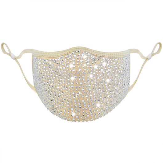 Beige fashion face mask covered in clear rhinestones with adjustable ear loops for a sparkly look. - Image 7