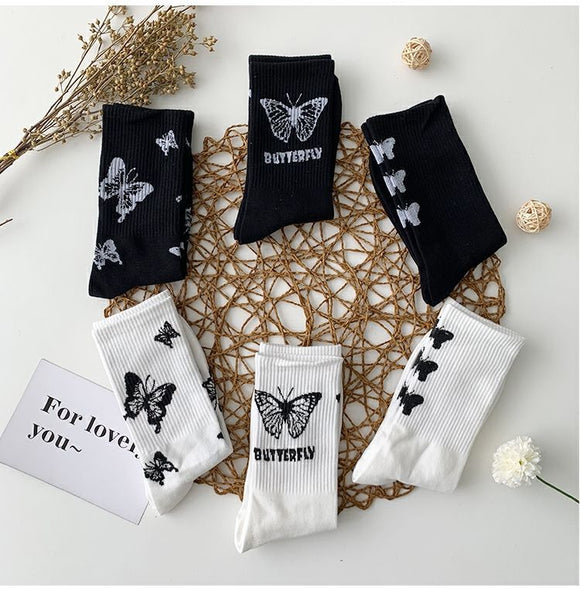 Calcetines Tube Mujer Mariposa - Diseño Cartoon Blanco y Negro