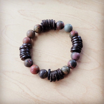 Pulseira Elástica de Jaspe Picasso Genuíno e Madeira 810p