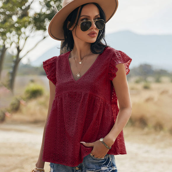 Blusa de Algodón con Mangas Volantes Bordadas