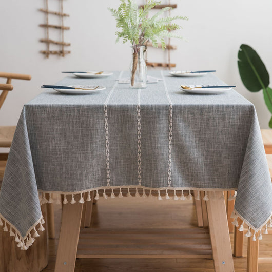 Mantel de Comedor Rayas de Algodón Lino con Bordado y Borlas - Image 9