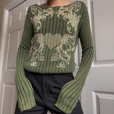 Suéter Vintage con Estampado Verde Claro Manga Larga - Image 5
