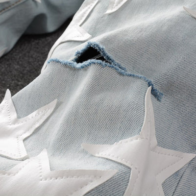 Pantalones Vaqueros de Cuero con Parches Rasgados y Diseño Pentagram - Image 3