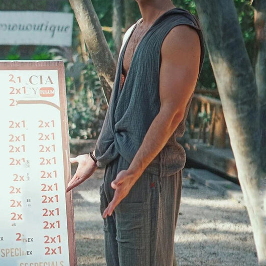 Conjunto de Pantalón y Chaleco Holgado en Algodón y Lino para Hombre - Image 3