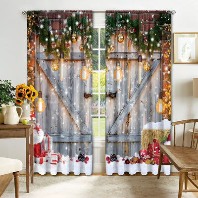 Digital printed Christmas curtains with a festive garland design, red ornaments, bows, and berries, on a white background. - Image 10