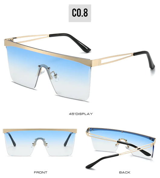 Gold frame square sunglasses with a one-piece gradient blue lens and black temple tips. - Image 26