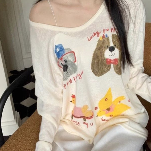 Camiseta Holgada Estampado Perrito Adorable Manga Larga