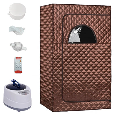 Portable brown quilted full body sauna room with steam generator, remote control, and accessories on a white background. - Image 7