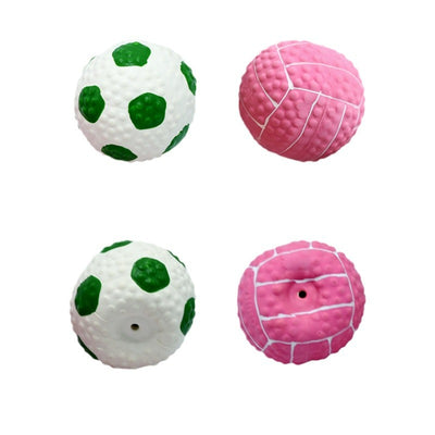 Pink latex pet toy shaped like a mini volleyball with white seams and a textured surface. - Image 4