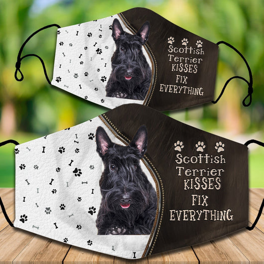 Two cotton face masks with a French Bulldog puppy peeking out, paw prints, and "French Bulldog Kisses Fix Everything" text. - Image 25