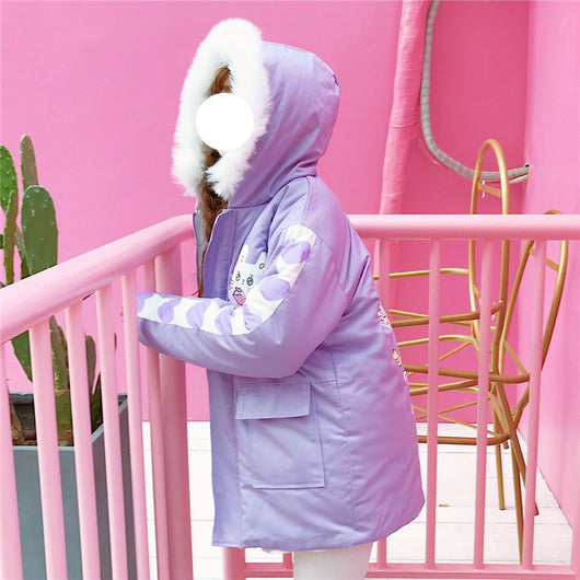Abrigo Parka Kawaii Conejo Rosa y Lavanda con Capucha y Borde de Pelaje para Invierno - Image 4