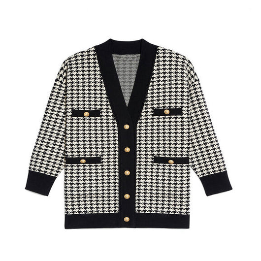 Cardigan Tejido Suelto con Cuello V y Detalles en Contraste para Mujer - Image 5