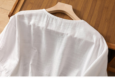 Blusa Suelta de Algodón y Lino con Escote V y Manga Corta para Mujer - Image 9