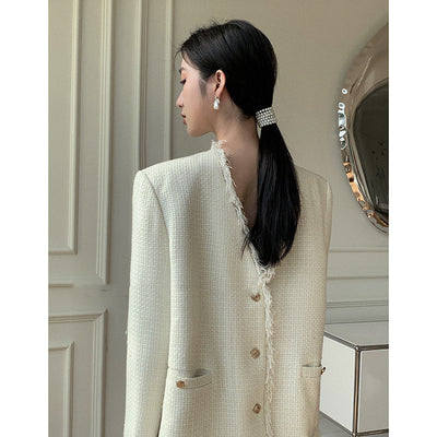 Abrigo Tweed Estilo Hepburn con Hombreras y Flecos Coreano - Image 5