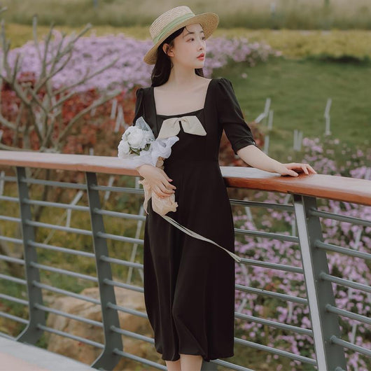 Vestido Retro Francés con Escote Cuadrado y Lazo - Image 11