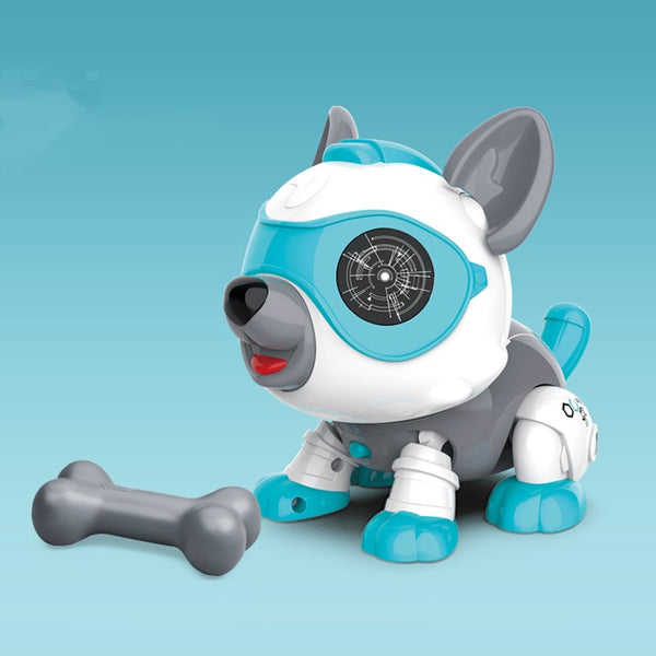 Brown and white electronic robot dog toy with green eyes, red tongue, and a small brown bone accessory. - Image 6