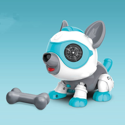 Brown and white electronic robot dog toy with green eyes, red tongue, and a small brown bone accessory. - Image 6