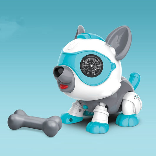 Brown and white electronic robot dog toy with green eyes, red tongue, and a small brown bone accessory. - Image 6
