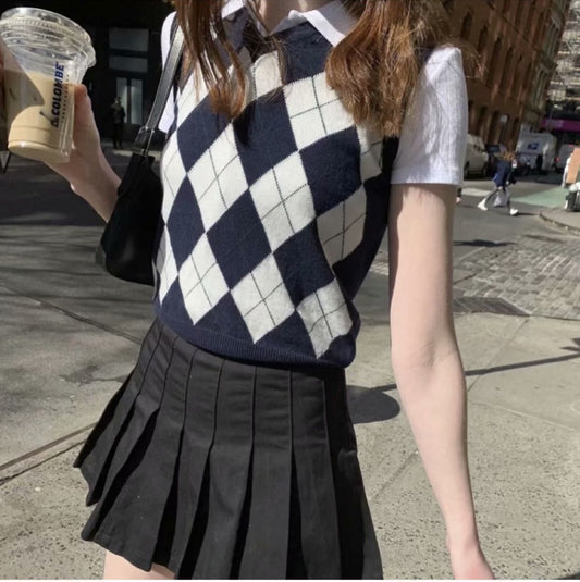 Chaleco Tejido Cuadros Diamante Estilo Preppy Retro Versátil