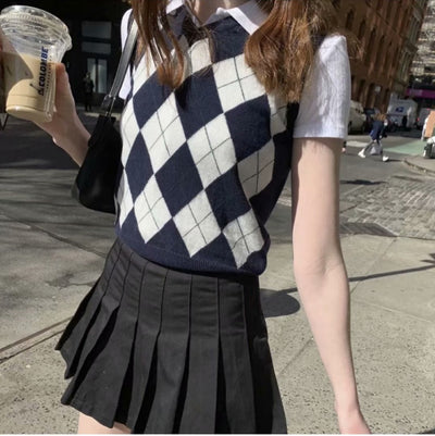 Chaleco Tejido Cuadros Diamante Estilo Preppy Retro Versátil