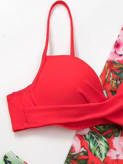 Women's red bikini with a tropical floral and pineapple print cover-up shawl, featuring a twisted front top. - Image 17