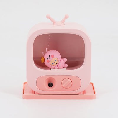 Pink TV-shaped desktop humidifier with a cute pink caterpillar figure inside, featuring a mist outlet and control knob. - Image 12
