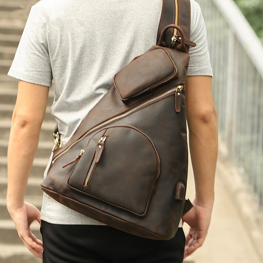 Bolsa Pectoral de Cuero Genuino con Gran Capacidad y Múltiples Compartimentos