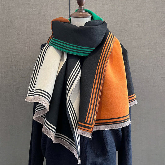 Bufanda de Cachemira Gruesa con Combinación de Colores para Mujer Invierno