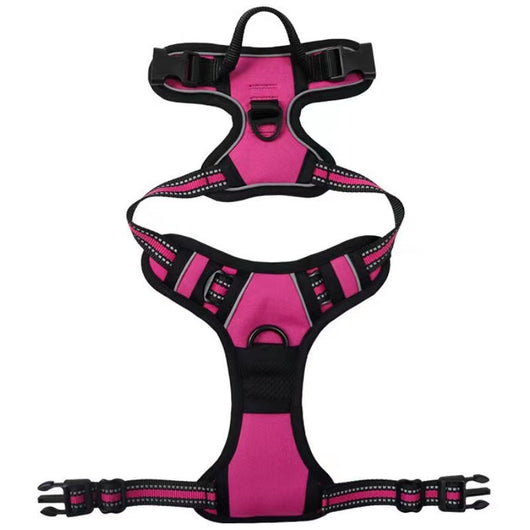 Red and black dog harness with reflective strips, adjustable straps, and a top handle for secure pet control. - Image 12
