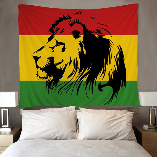 Reggae flag tapestry with a black lion's head in profile against red, yellow, and green stripes. - Image 2