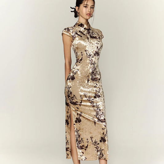 Vestido Cheongsam de Terciopelo Elegante con Movimiento Fluido
