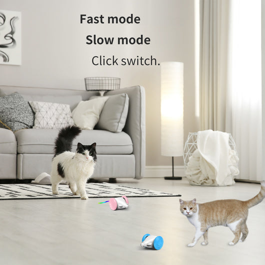 White and blue interactive cat toy shaped like a mouse with large wheels and a colorful, luminous tail. - Image 22