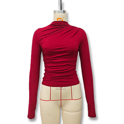 Blusa Cuello Alto Plisada Ajustada para Otoño e Invierno - Image 26